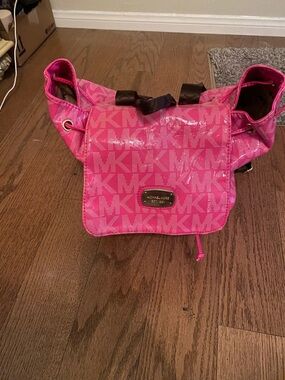 Michael Kors Hot Pink Logo Drawstring Shoulder Bag with Gold Plaque